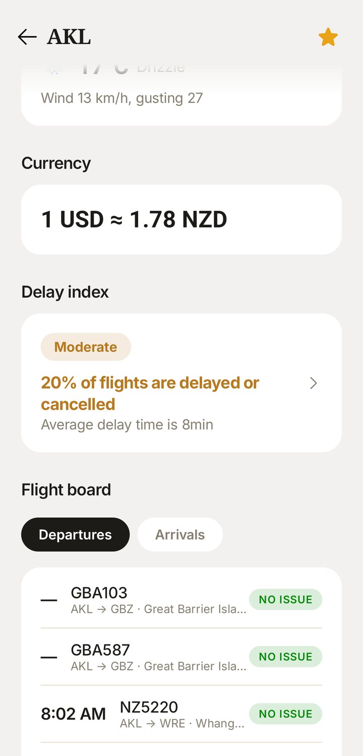 Wheels Up showing the Auckland airport page with a moderate delay index and the departures flight board
