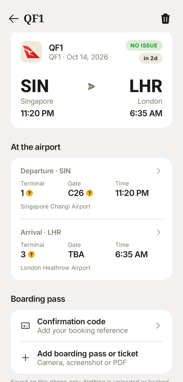Wheels Up flight page showing the departure and arrival terminal and gate for a Singapore to London flight