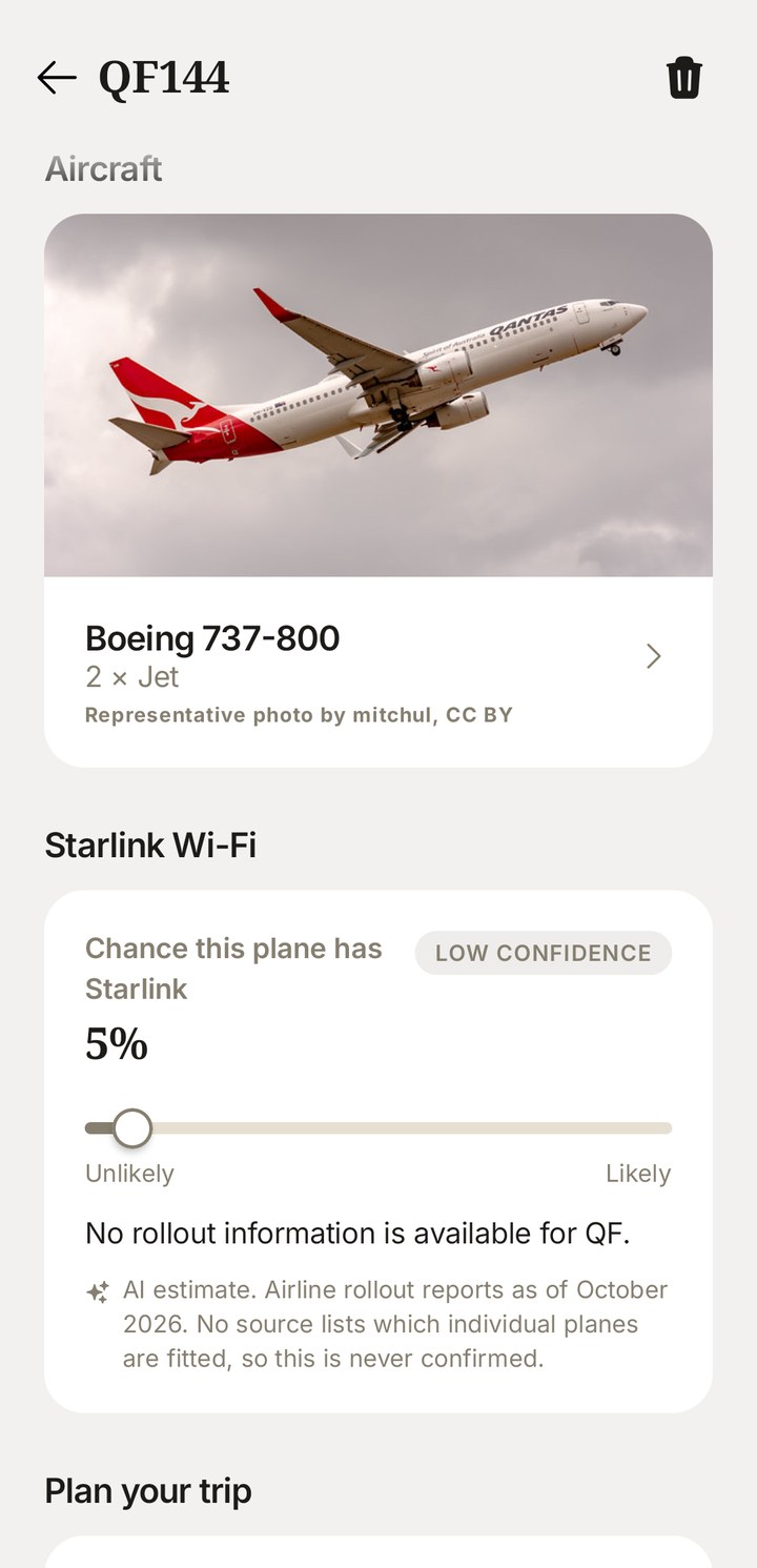 Wheels Up showing a photo of a Boeing 737-800, the aircraft type, and an AI estimate of the chance the plane has Starlink Wi-Fi