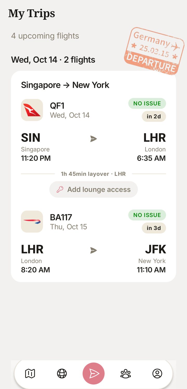 Wheels Up showing My Trips: Singapore to New York via London with a one hour 45 minute layover