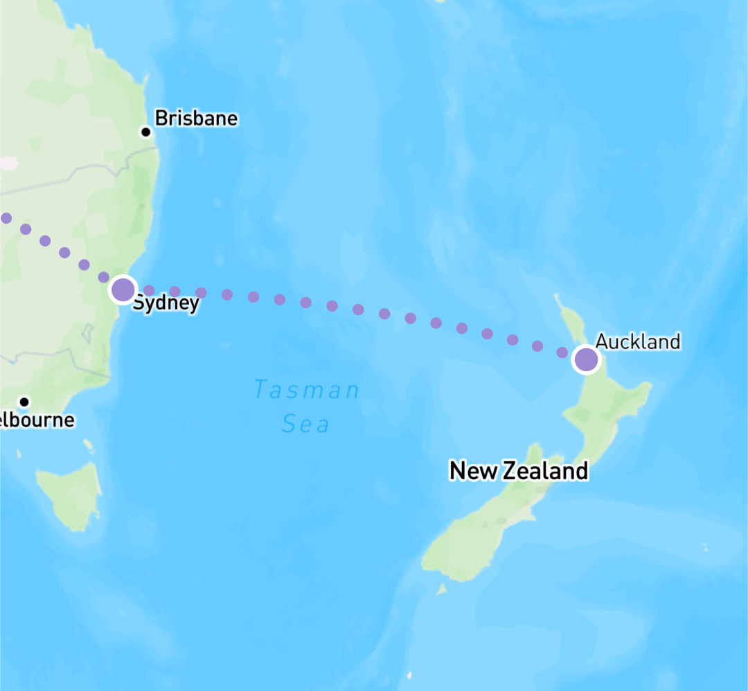 Live map showing a flight route from Sydney to Auckland